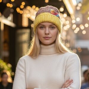 Luxury Handmade Yellow and Purple Knit Beanie